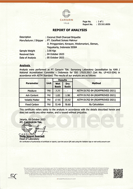 Coconut Charcoal Briquette Report Of Analysis